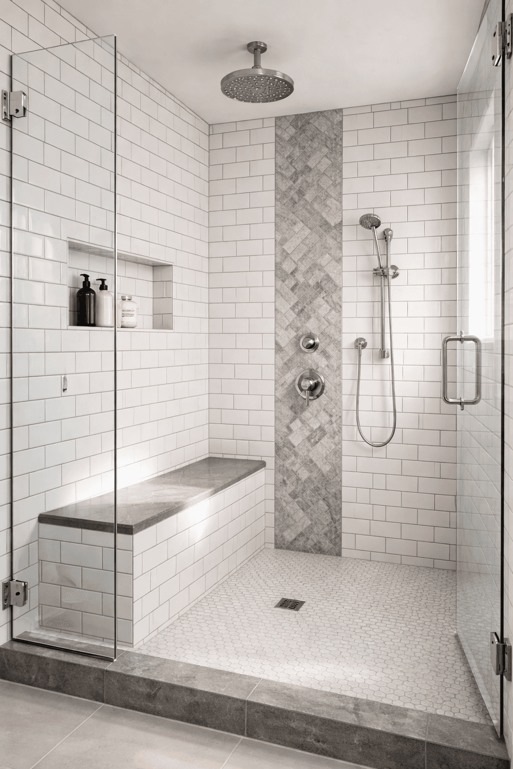 White subway tile shower with herringbone accent