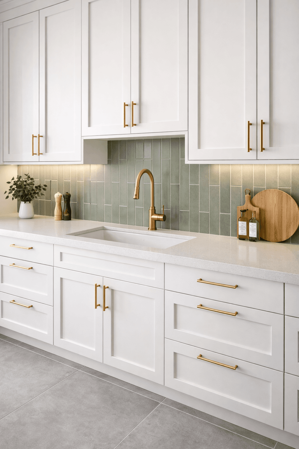 Sage green vertical subway tile backsplash design concept.