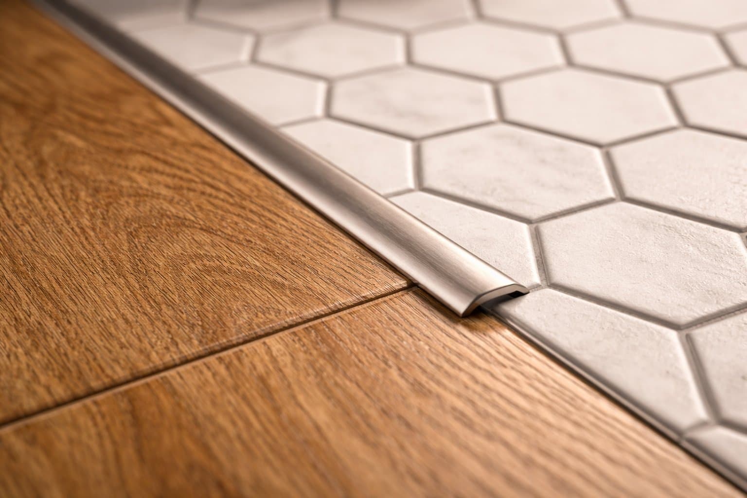 Seamless hardwood to hexagonal tile flooring transition design visualization.