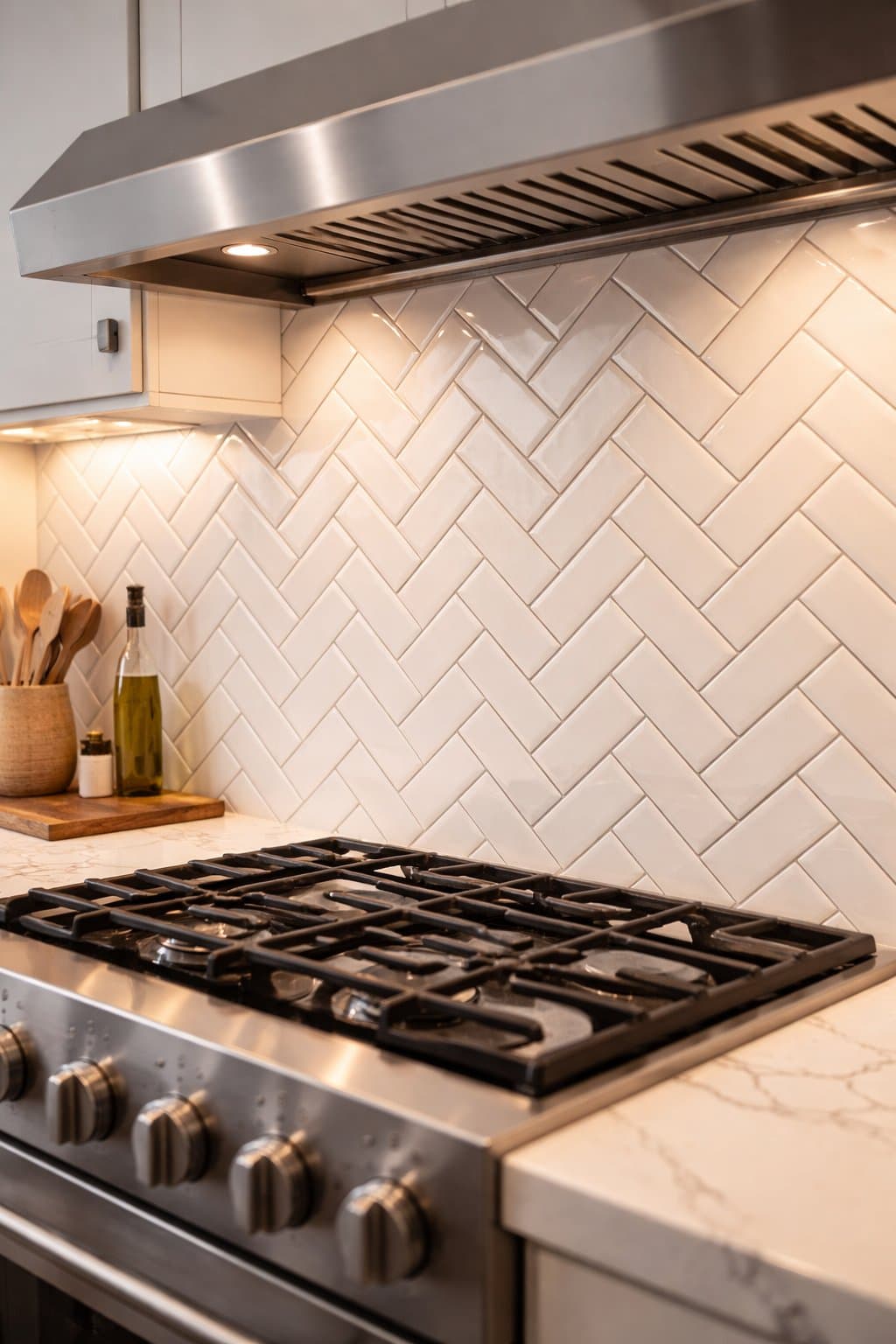 White herringbone subway tile kitchen backsplash design concept.