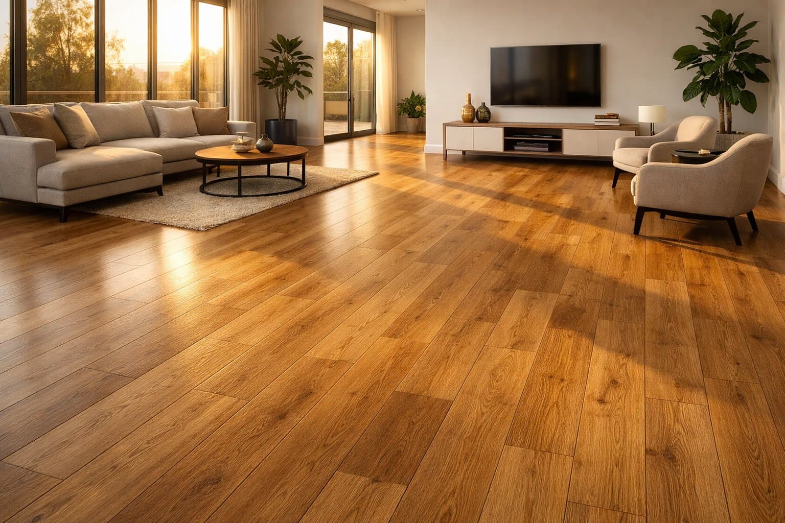 Warm oak luxury vinyl plank flooring in an open living room with sunset lighting.